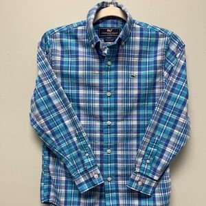 Vineyard Vines Boys' On-The-Go Blue/White/Pink Plaid Button Shirt Size S (8-10)